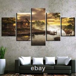 Beautiful Cabin By Lake Deer 5 Piece Canvas Print Picture HOME DECOR Wall Art