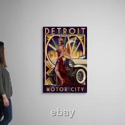 Detroit, Michigan Deco Woman and Car Canvas Wall Art Print, Home Decor