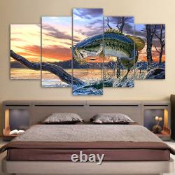 Jumping Bass Fishing Fish Lake 5 Pieces canvas Wall Art Picture Home Decor