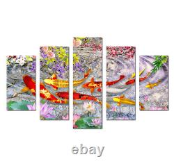 Koi Fish Painting Lotus Flowers 5 Pieces Canvas Print Picture Wall Art Home Deco