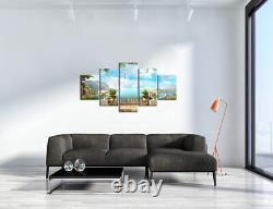 Palm tree Stone Beach Sunset 5 PC Canvas Print Poster HOME DECOR Wall Art Cuadro