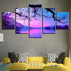 Purple Sunset Tree Lake 5 Pieces Canvas Print Poster HOME DECOR Wall Art