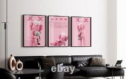 Set of 3 All Pink Kaws Art pieces canvas wall art home decor