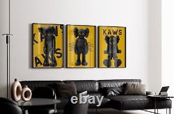 Set of 3 Black & yellow Kaws Art pieces canvas wall art home decor