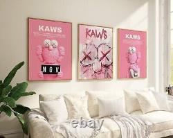Set of 3 pink Kaws Art pieces canvas wall art home decor