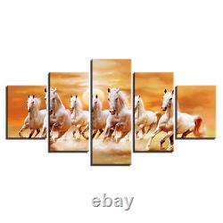 Seven White Running Horses 5 Pieces Canvas Print Poster HOME DECOR Wall Art