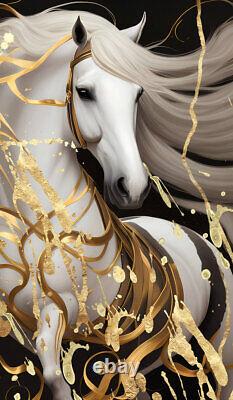 Wall Art Home Decor Golden Abstract White Horse Oil Painting Printed on Canvas